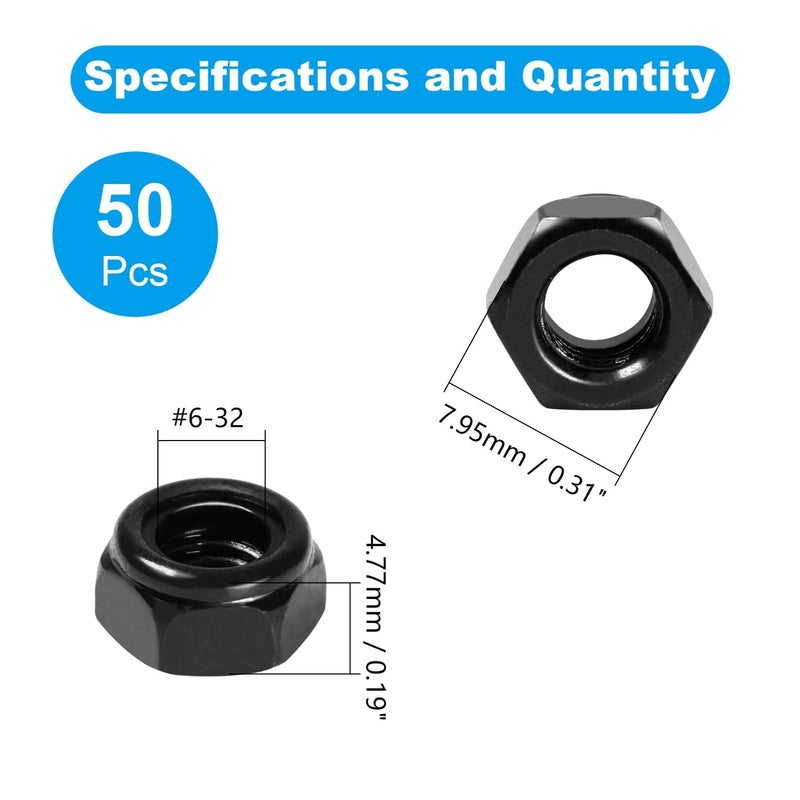 Yinpecly 50Pcs #6-32 Nylon Insert Hex Lock Nuts 304 Stainless Steel Locknuts Self-Locking Nut, Standard Inch Threaded Nylock Nuts, Hex Drive, Zinc Plated Black - Image 2